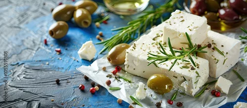 Obraz  z motywem Blue background with a flavorful arrangement of feta cheese olives rosemary and peppercorn on a piece of paper providing a visually appealing copy space image