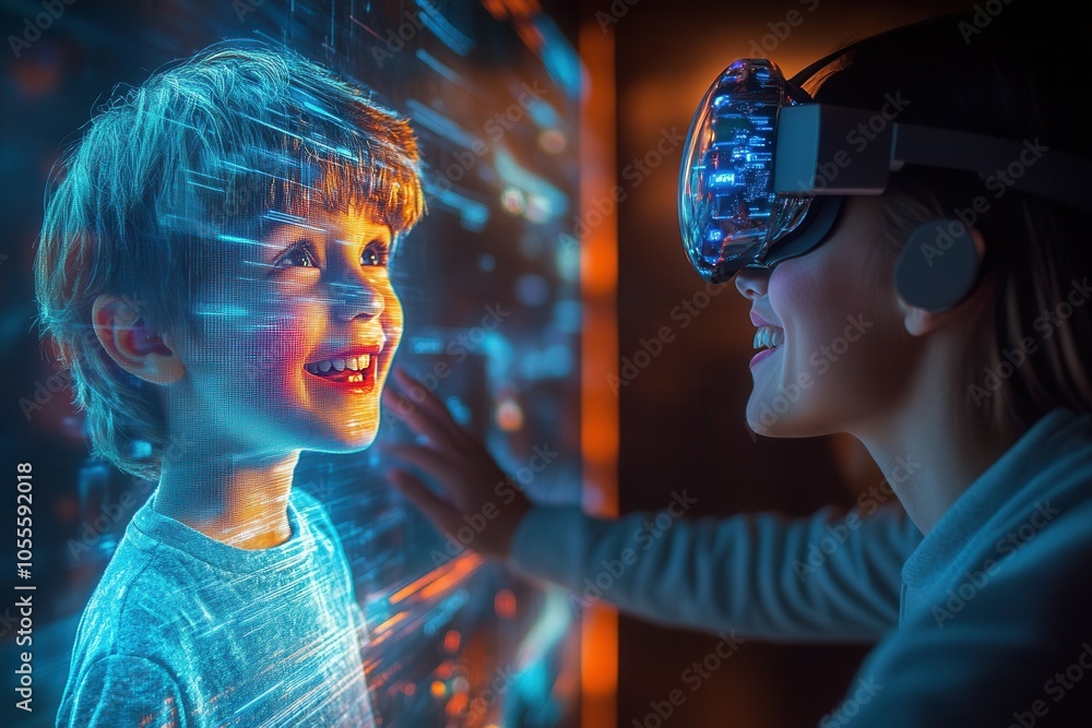 In a modern environment, a child engages with a vibrant holographic display, showing fascination.