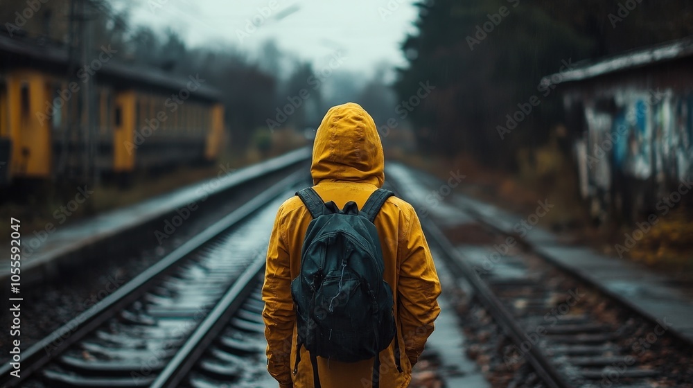 A solitary traveler stands on an empty railway, shrouded in mist and mystery, reflecting on life's journeys and destinations. A solitary traveler stands on an empty railway, shrouded in mist and mystery, reflecting on life's journeys and destinations.