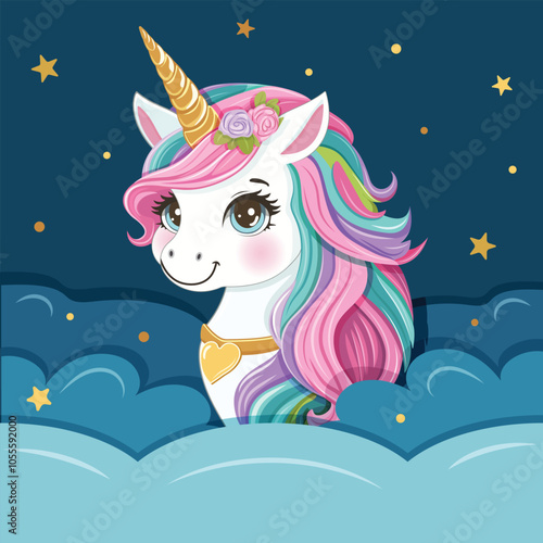 Beautiful unicorn with colored hair and golden horn hid behind the clouds. Poster, Banner, Flyer, Greeting Card. Vector illustration in flat cartoon style