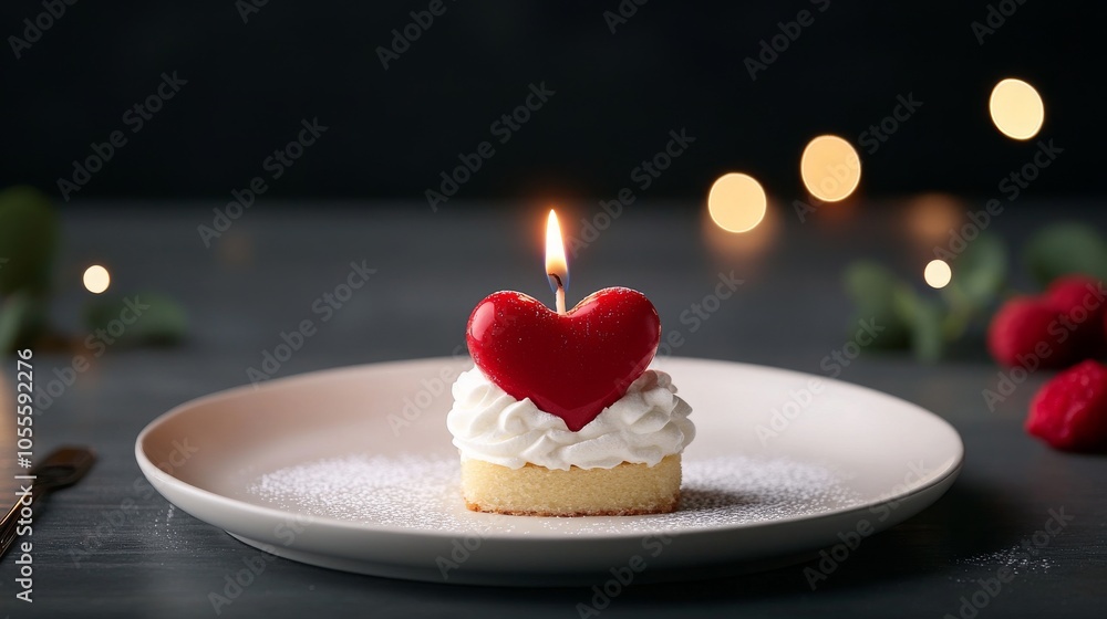 Romantic heart-shaped cake with candle for celebration Romantic heart-shaped cake with candle for celebration