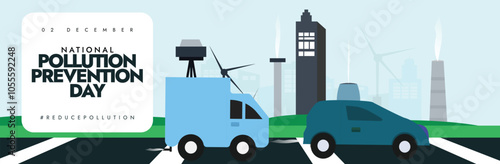 National Pollution Prevention Day 1st December. Pollution prevention day cover banner with industrialised buildings and vehicles emitting harmful smoke. The day raises awareness about global warming.