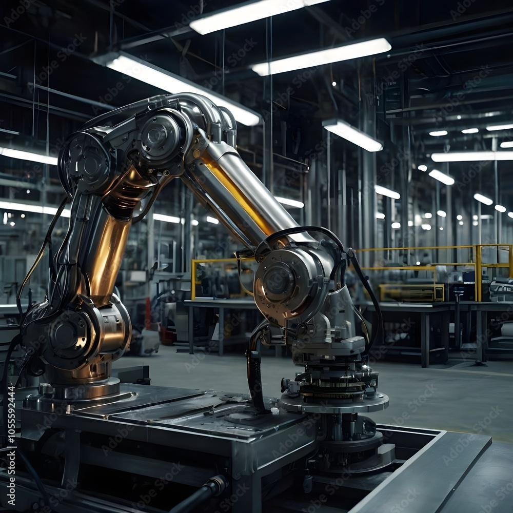 Fototapeta premium Robot Arms at Bright Electronics Factory. Component Installation on Circuit Board. Electronic Devices Production Industry