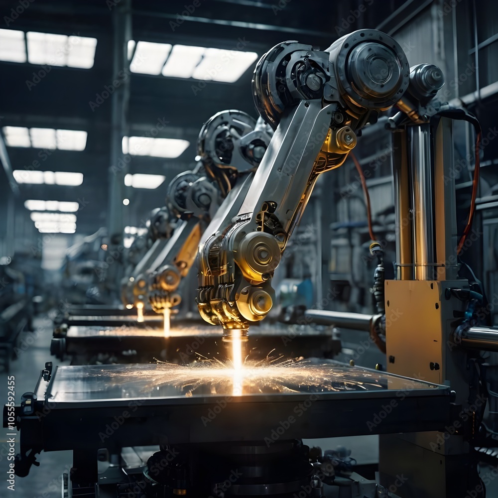 Fototapeta premium Robot Arms at Bright Electronics Factory. Component Installation on Circuit Board. Electronic Devices Production Industry