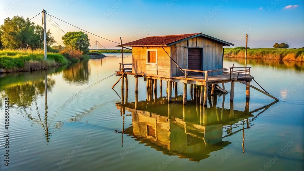 Obraz premium Fishing hut on canal in tilted angle