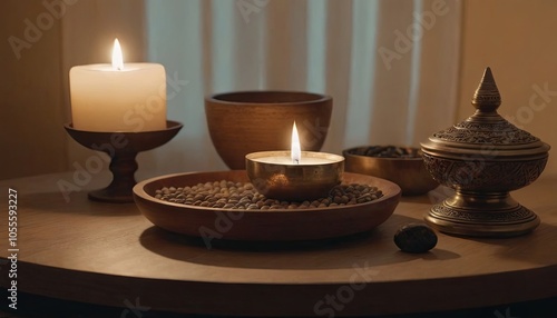 Candlelit meditation corner with wooden mala beads, books, and a potted plant creating a serene ambiance