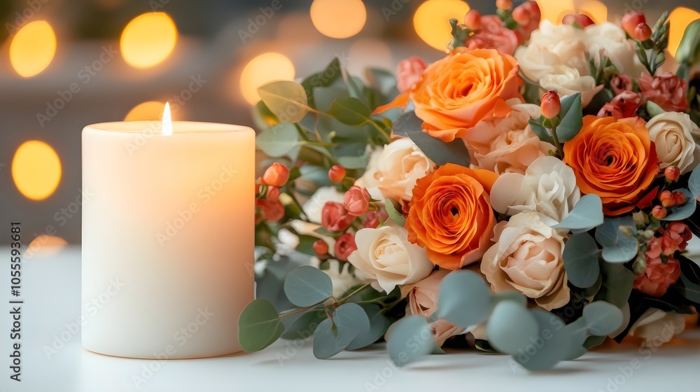 Romantic Candle and Flower Arrangement on a Table Romantic Candle and Flower Arrangement on a Table