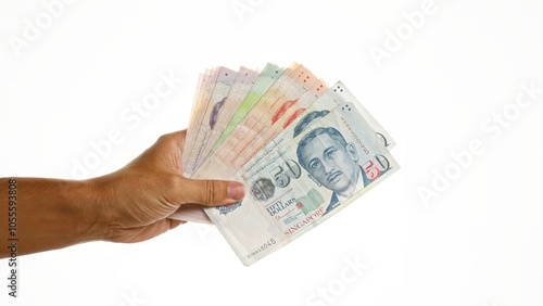 Photography Hand holding singaporean dollars over white background, isolated display of singapore currency in a fan spread