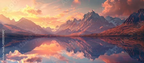 Beautiful sunset in mystical mountains with reflection in water perfect as a wallpaper for an evening landscape with copy space image