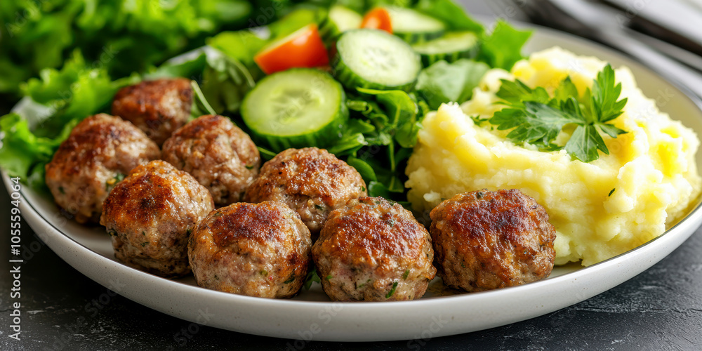 fried meatballs served with creamy mashed potatoes and a fresh green salad. AI generative. fried meatballs served with creamy mashed potatoes and a fresh green salad. AI generative.