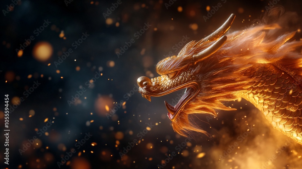 Majestic golden dragon breathing fire in a mystical setting Majestic golden dragon breathing fire in a mystical setting