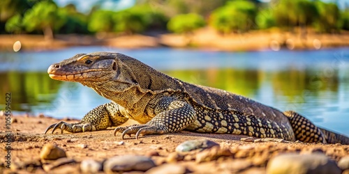 Giant rock monitor lizard resting in dried up river bed's shade during hot summer day photo