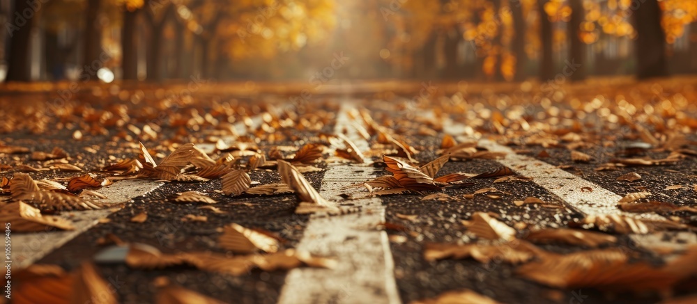 The street covered with dry leaves serves as a running track in the image with ample blank space for text The street covered with dry leaves serves as a running track in the image with ample blank space for text