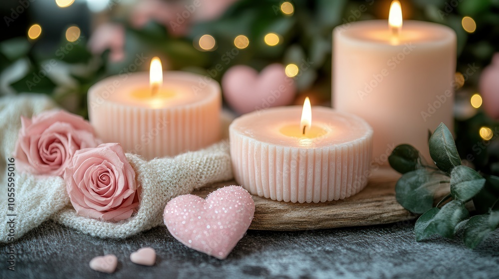 Soft pink candles illuminate a charming arrangement with delicate roses, creating a serene and romantic ambiance. The gentle flicker of the flames and the pastel decor set the mood for a cozy evening Soft pink candles illuminate a charming arrangement with delicate roses, creating a serene and romantic ambiance. The gentle flicker of the flames and the pastel decor set the mood for a cozy evening