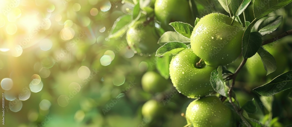 Green organic apples on the tree in the orchard with copy space image Green organic apples on the tree in the orchard with copy space image