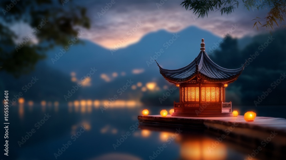 Serene lakeside pavilion illuminated at dusk Serene lakeside pavilion illuminated at dusk