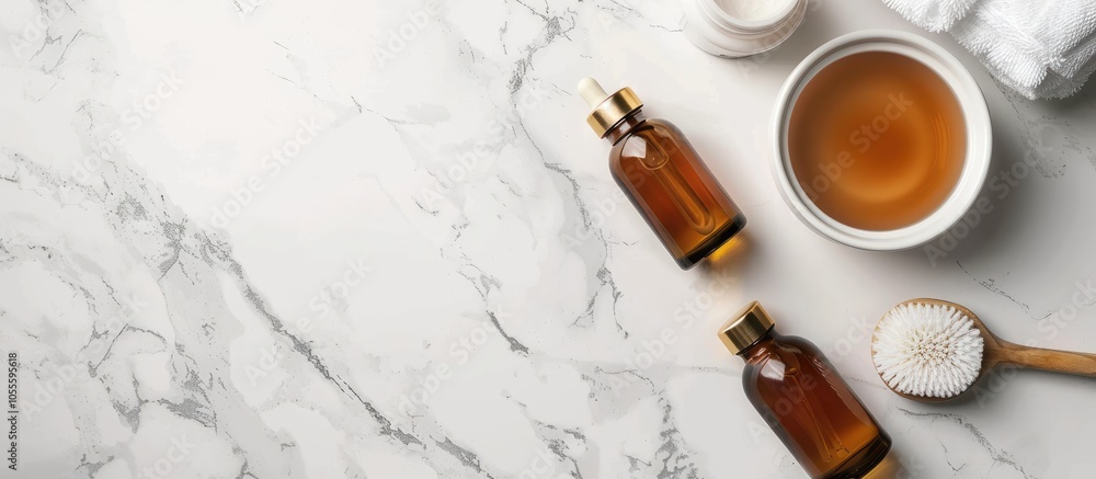 Chemical peel bottles a bowl with liquid a brush on a white marble surface there s a copy space image for adding text related to a peeling procedure Chemical peel bottles a bowl with liquid a brush on a white marble surface there s a copy space image for adding text related to a peeling procedure