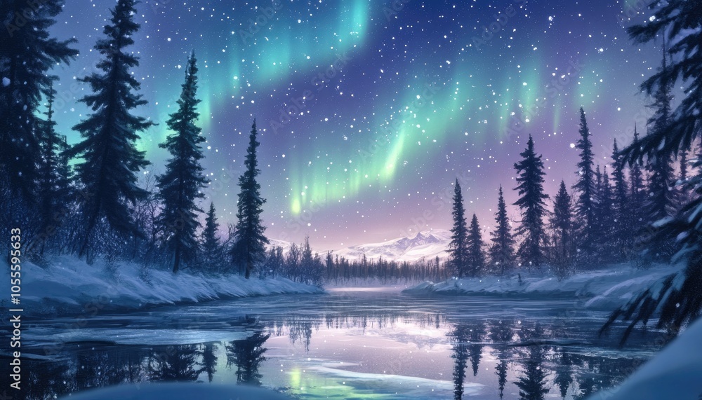Snowy Forest Reflecting Northern Lights Over Frozen Lake Snowy Forest Reflecting Northern Lights Over Frozen Lake