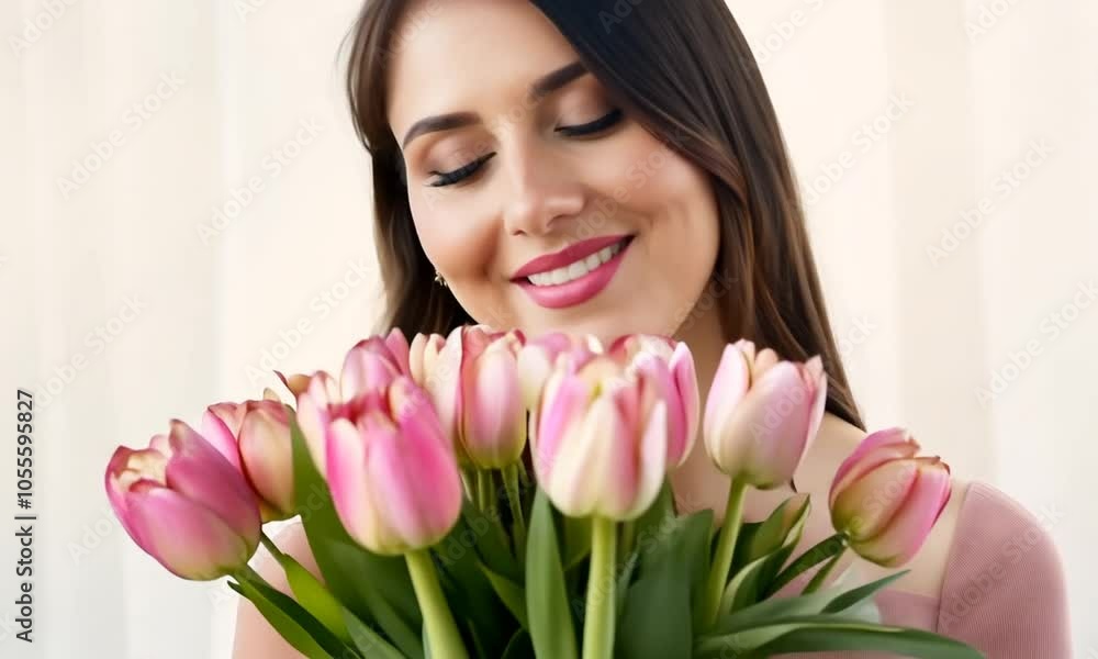 Radiant smiling woman holding a vibrant bouquet of pink tulips symbolizing joy, beauty, and springtime freshness Radiant smiling woman holding a vibrant bouquet of pink tulips symbolizing joy, beauty, and springtime freshness