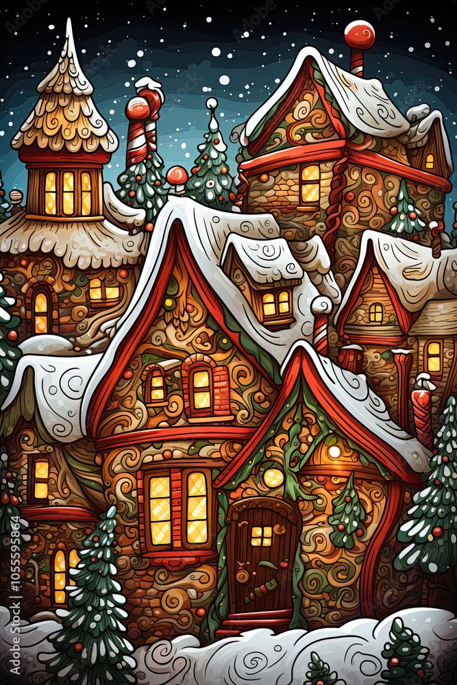 Fototapeta premium Santa Claus village at North Pole. Doodle drawing design. Generative Ai