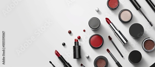 Top down view of a collection of beauty essentials like lipstick and eyeshadow neatly arranged on a white surface with copy space image photo