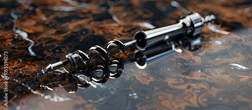 Close up photo of a corkscrew on a reflective surface with room for text in the image. Copy space image. Place for adding text and design
