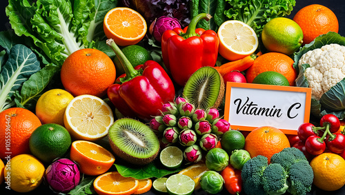 Fototapeta Naklejka Na Ścianę i Meble -  Various fresh food vegetables and fruits with the sign inscription vitamin C ascorbic acid