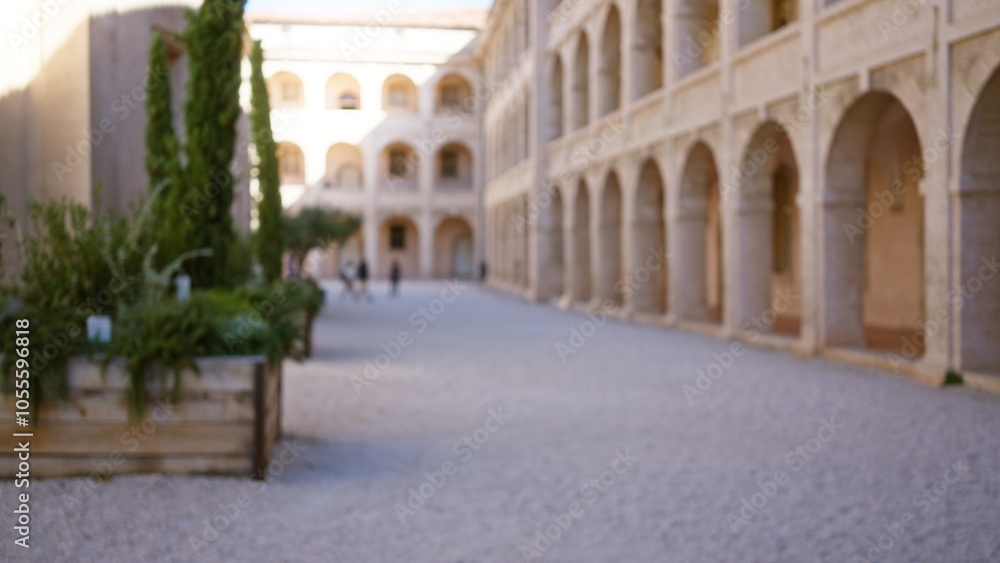 Obraz premium Blurred figures walking through outdoor university campus with historic stone arches and green foliage in defocused background creating serene atmosphere.