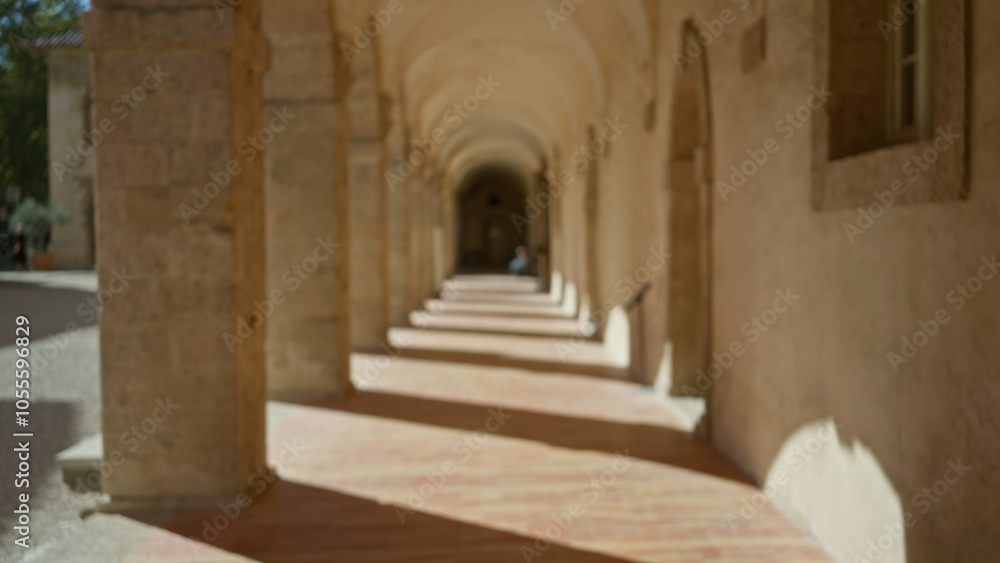 Blurred view of an old university campus corridor outdoors with stone arches and sunlight creating a defocused bokeh effect. Blurred view of an old university campus corridor outdoors with stone arches and sunlight creating a defocused bokeh effect.
