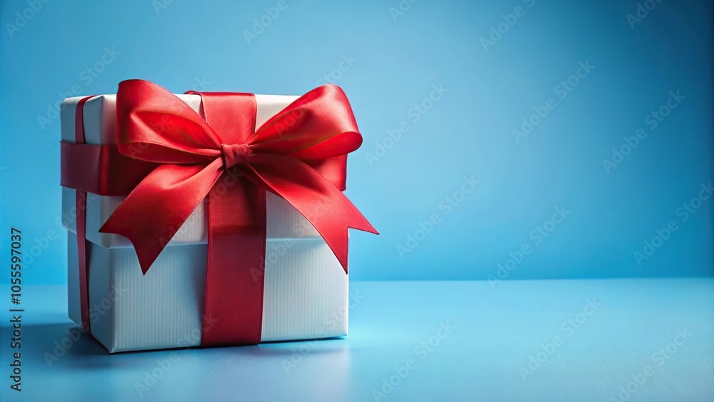 Gift white box with light and big red bow isolated on blue background, panoramic Gift white box with light and big red bow isolated on blue background, panoramic