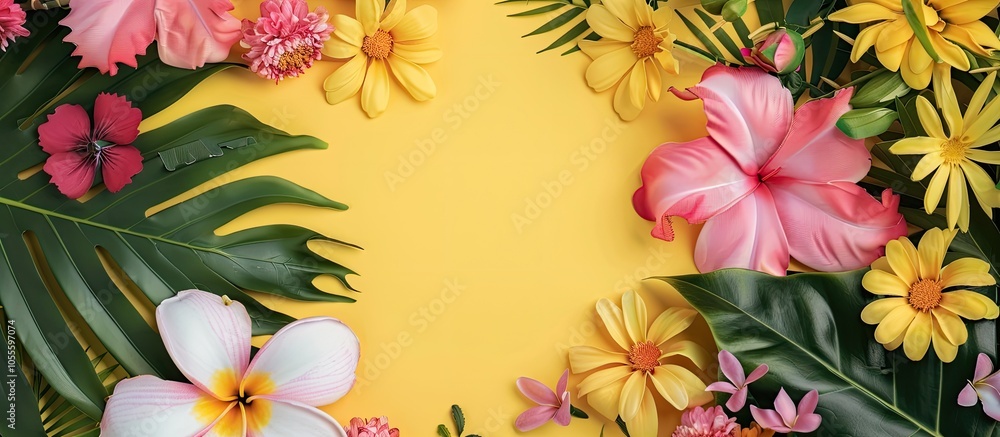 Obraz premium Summer greeting words on a sticker among an arrangement of flowers with copy space image