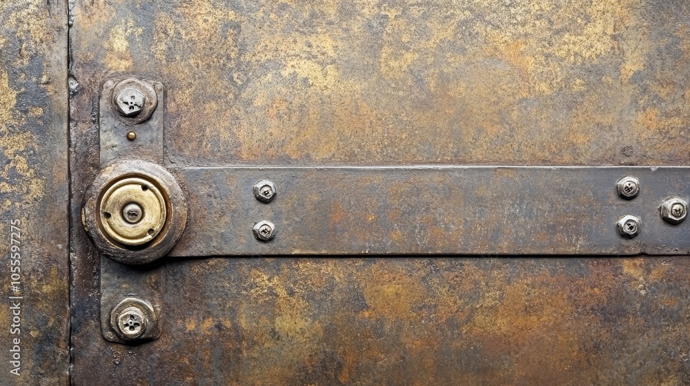 Close-up of a rusty metal surface with a circular lock and bolts. Close-up of a rusty metal surface with a circular lock and bolts.