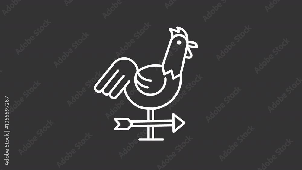 Weather vane white line animation. Weathercock animated icon. Shaking chicken, spinning arrow. Meteorology, prediction. Isolated illustration on dark background. Transition alpha video. Motion graphic Weather vane white line animation. Weathercock animated icon. Shaking chicken, spinning arrow. Meteorology, prediction. Isolated illustration on dark background. Transition alpha video. Motion graphic