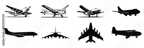 Set of Eight Vector  Different Airplane  Silhouette Icon 