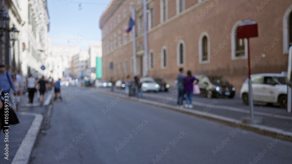 Blurred street view in rome featuring people walking along an old town road with historic buildings, capturing a defocused urban atmosphere in italy. Blurred street view in rome featuring people walking along an old town road with historic buildings, capturing a defocused urban atmosphere in italy.