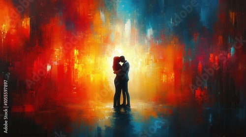 In a colorful, dreamlike setting, a couple embraces passionately, creating a silhouette against a backdrop of vivid hues. The enchanting atmosphere evokes feelings of love and intimacy, perfect for a 