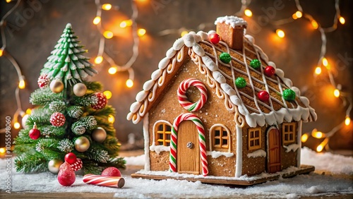 Gingerbread house with candy canes and Christmas tree