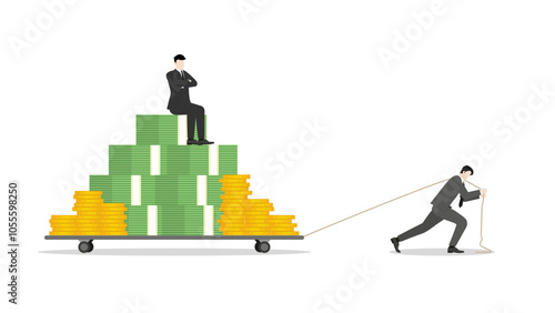 A businessman drags a trolley full of cash with boss sits on top, success in business growth, income strategy, and financial gain. Economic wealth, revenue goal, and ambitious investment market