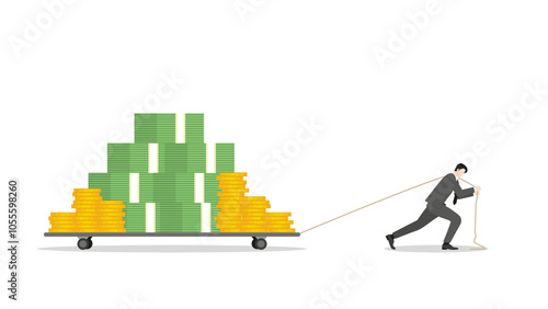 A businessman drags a trolley full of cash, success in business growth, income strategy, and financial gain. Economic wealth, revenue goal, and ambitious investment strategy in a competitive market