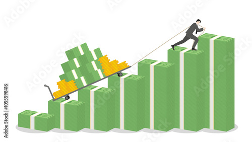 A businessman drags a trolley full of cash on banknotes graph rising, success in business growth, income strategy, financial gain, economic wealth, revenue goal, and ambitious investment in market