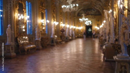 Indoor museum view with blurred statues and chandeliers creating a bokeh effect in the art-filled galleria doria pamphilj. photo