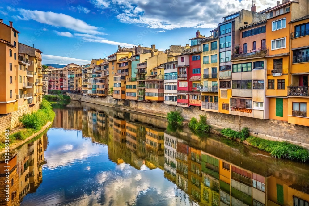 Girona residential area near river in long shot Girona residential area near river in long shot