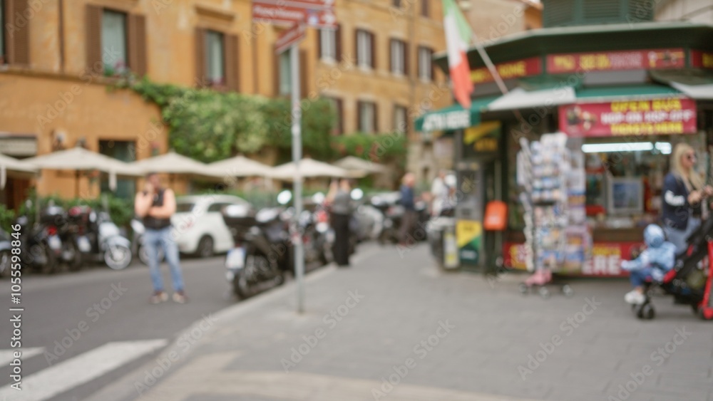Blurred scene of people and street life in old town rome, italy featuring outdoor cafes, pedestrians, and colorful architecture with a defocused italian street vibe. Blurred scene of people and street life in old town rome, italy featuring outdoor cafes, pedestrians, and colorful architecture with a defocused italian street vibe.