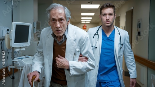  Doctor assisting elderly patient walking in hospital hallway