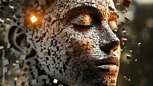 A digital portrait of a person's face composed of many small cubes, with a glowing light source near the head