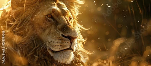 A captivating close up image featuring a majestic lion s face its golden fur glowing under the sunlight with space for text insertion. Copy space image. Place for adding text and design photo