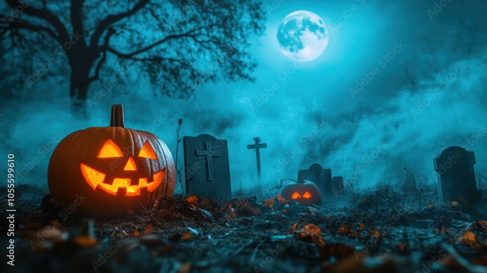 Fototapeta premium Halloween holiday carved pumpkin at graveyard closeup view