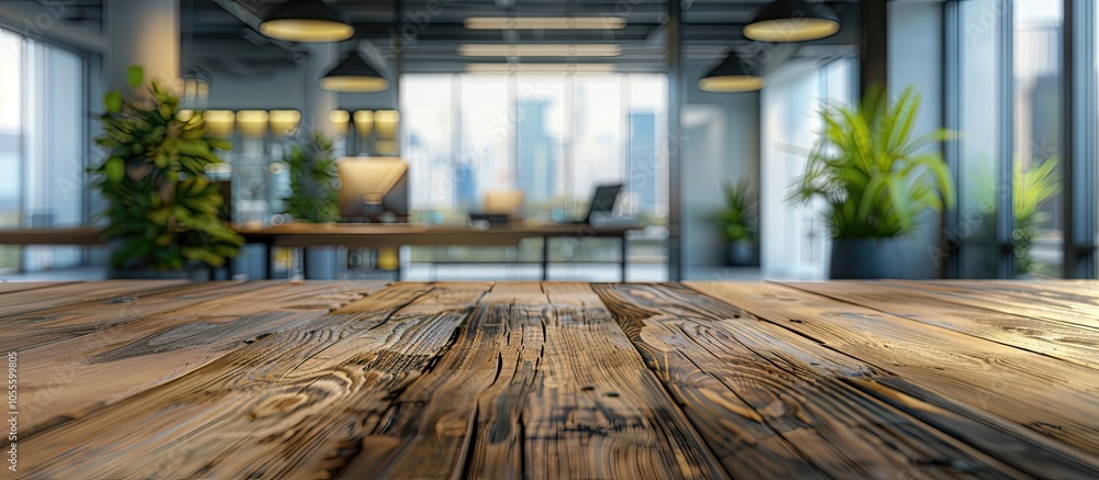 Ideal for showcasing contemporary office items wooden table with copy space image against blurred office backdrop Ideal for showcasing contemporary office items wooden table with copy space image against blurred office backdrop