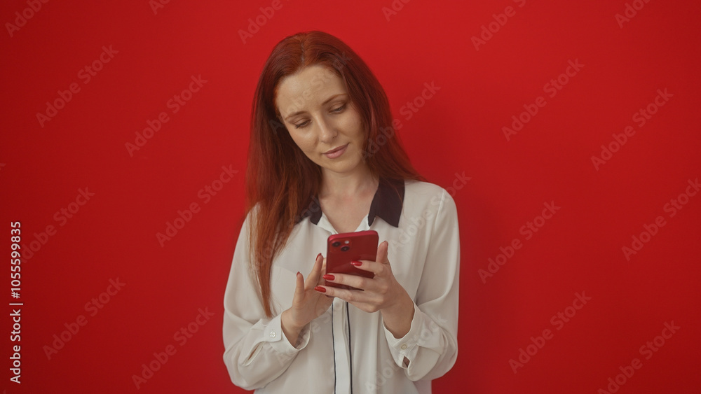A young caucasian redhead woman in a white blouse focusing on her smartphone against an isolated red background A young caucasian redhead woman in a white blouse focusing on her smartphone against an isolated red background