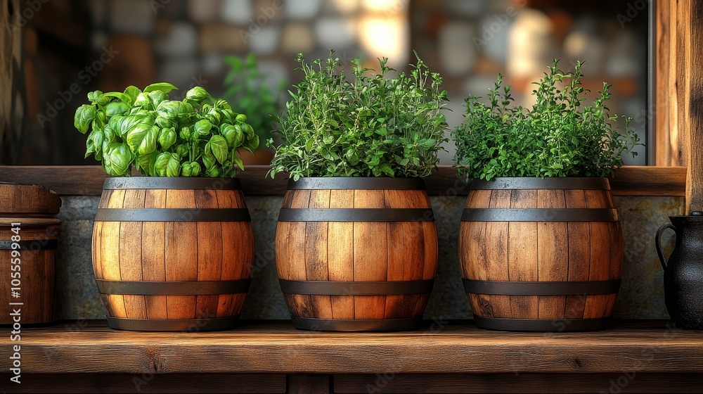 Wooden barrels positioned in a rustic kitchen, filled with homegrown herbs and surrounded by warm wooden accents, photorealistic Wooden barrels positioned in a rustic kitchen, filled with homegrown herbs and surrounded by warm wooden accents, photorealistic
